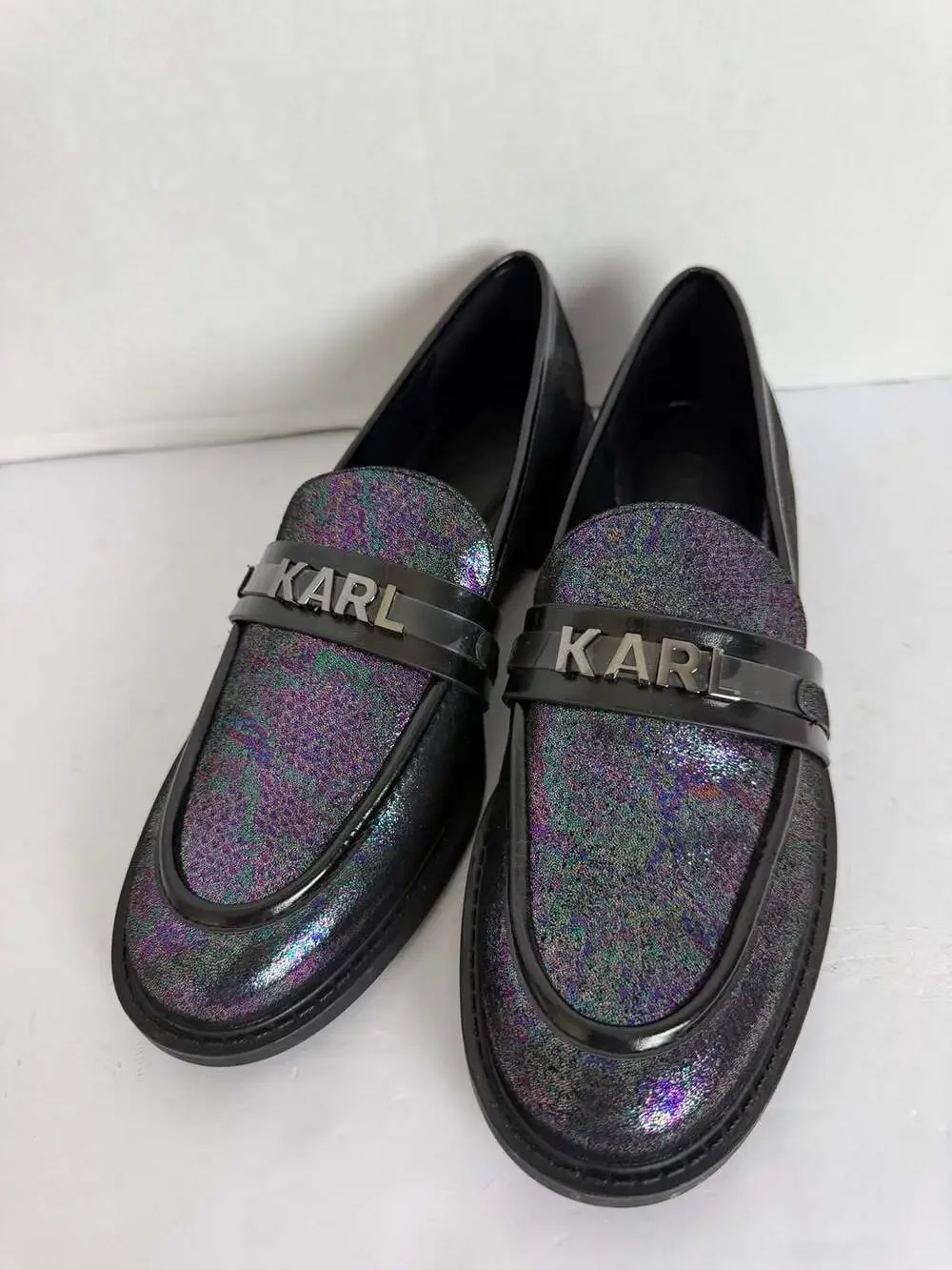 Karl Lagerfeld Paris Randall Iridescent Glitter Loafers with Metal Logo